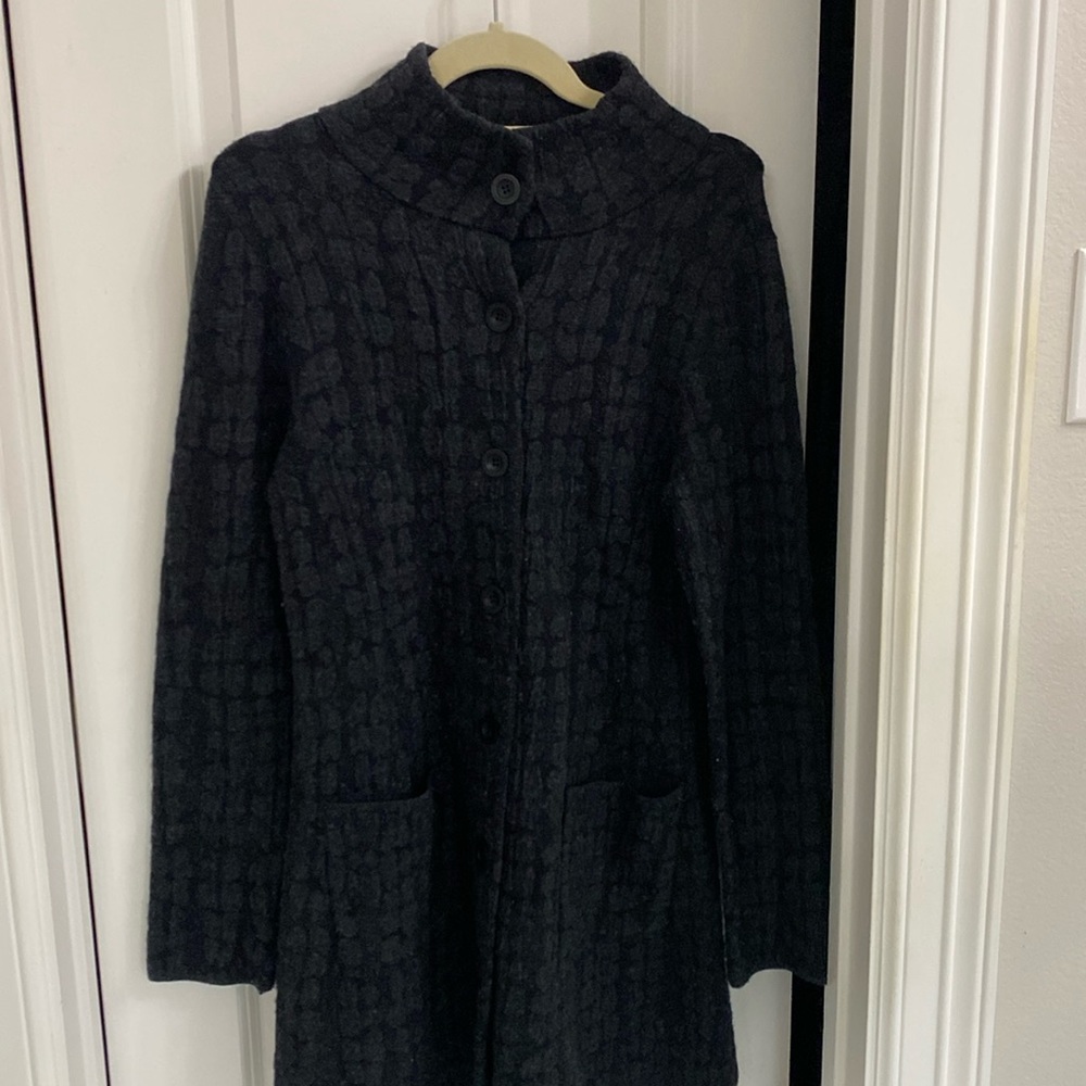 Eileen Fisher long cardigan sweater. Black/grey textured pattern.